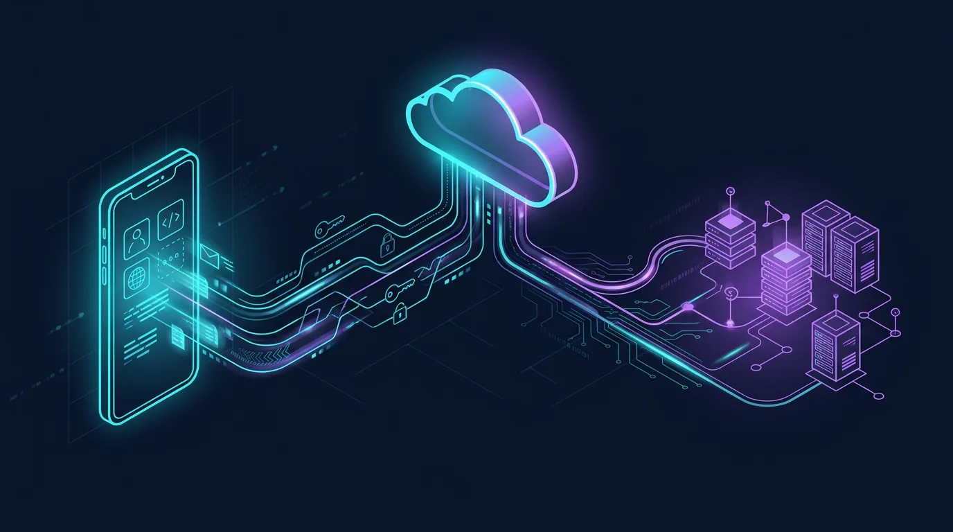 Abstract BioTone illustration of a mobile device, cloud services, and enterprise systems connected by data paths