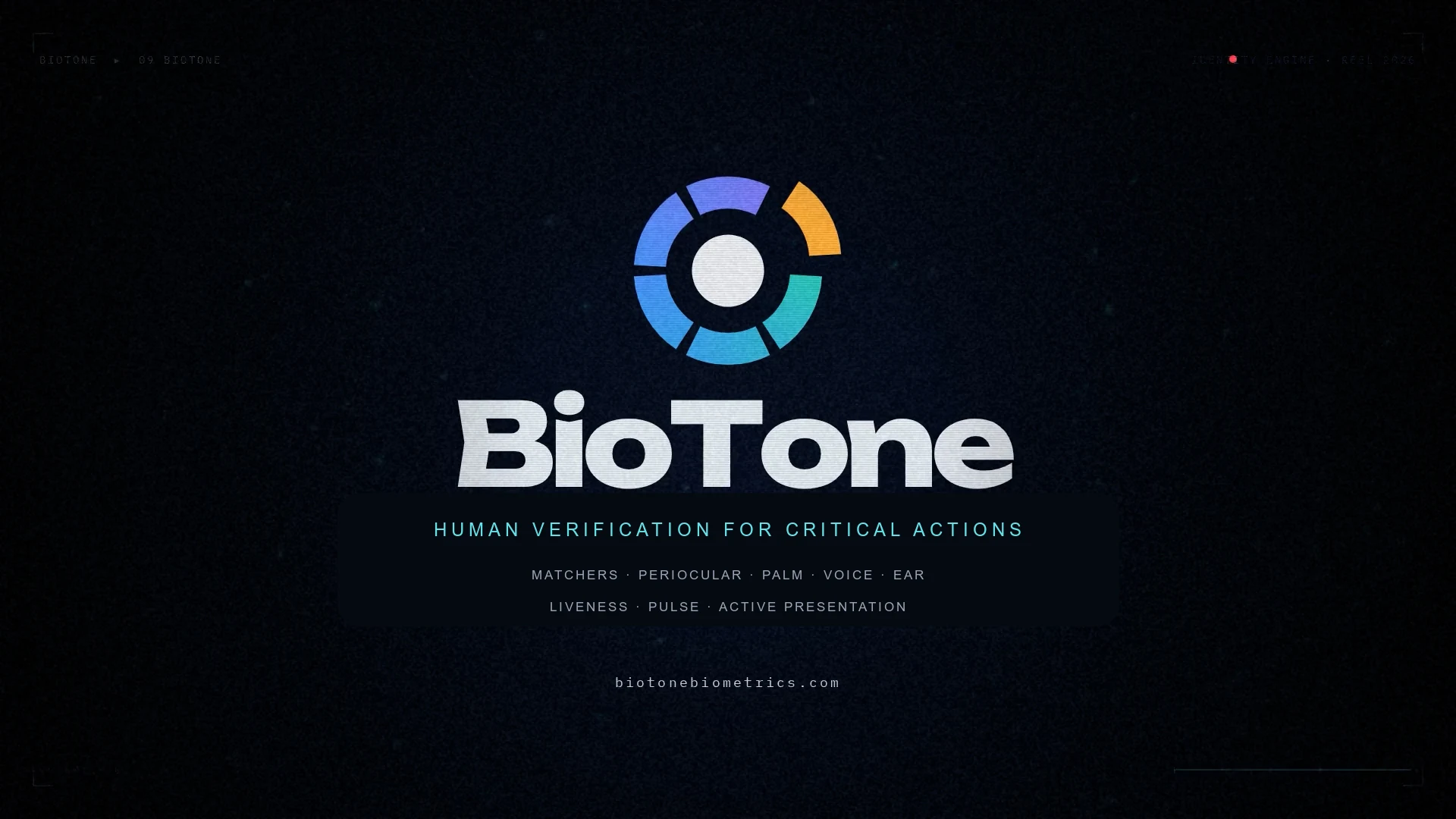 BioTone wordmark with the tagline Human verification for critical actions and a list of biometric matcher and liveness categories