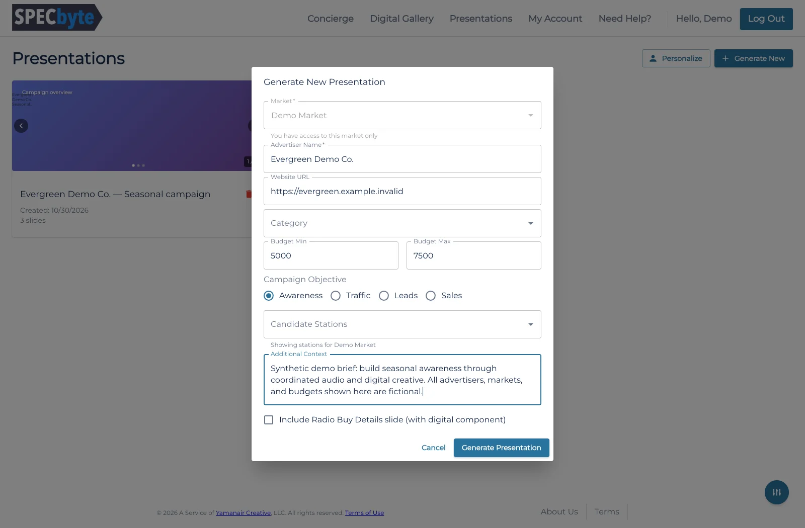 Actual SPECbyte presentation brief form filled with a fictional advertiser, reserved example address, demo market, and synthetic campaign details
