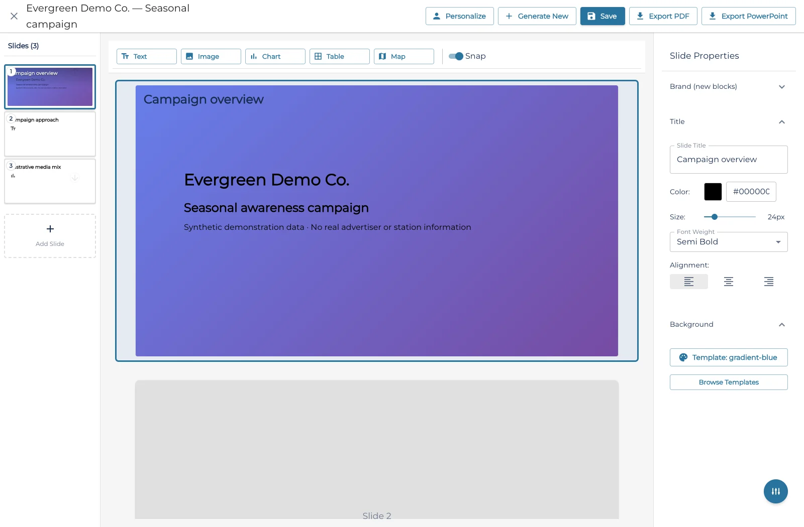 Actual SPECbyte sales-presentation editor running with synthetic demonstration data for Evergreen Demo Company, including slide controls and PDF and PowerPoint export buttons