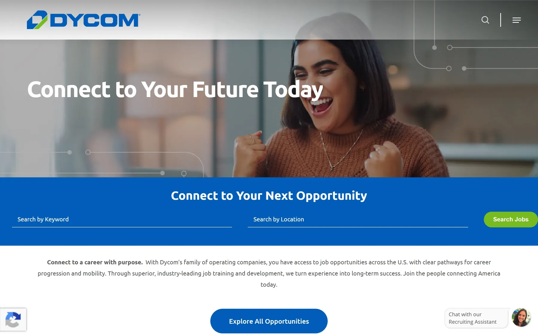 Dycom careers page with the headline Connect to Your Future Today, a job search bar with keyword and location fields, and an Explore All Opportunities button