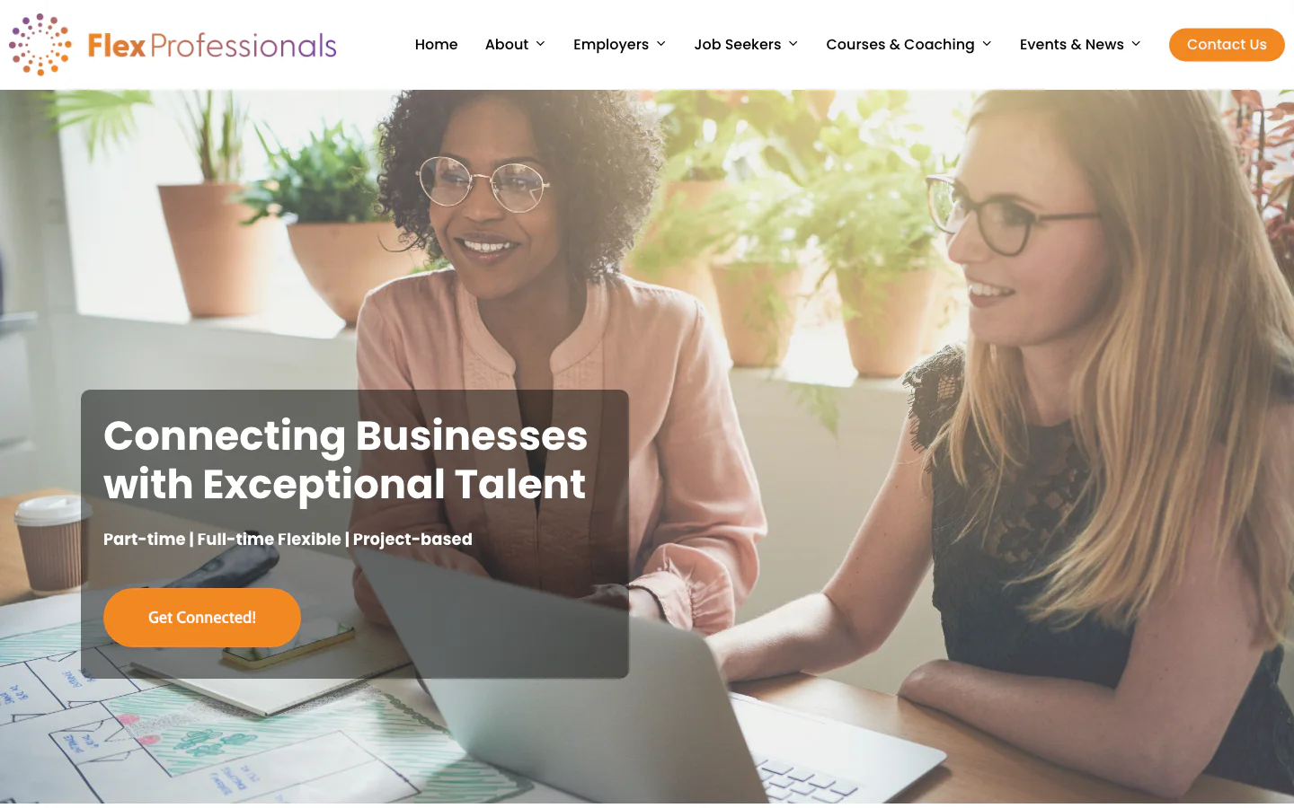 FlexProfessionals homepage with employer and job-seeker navigation and the headline Connecting Businesses with Exceptional Talent
