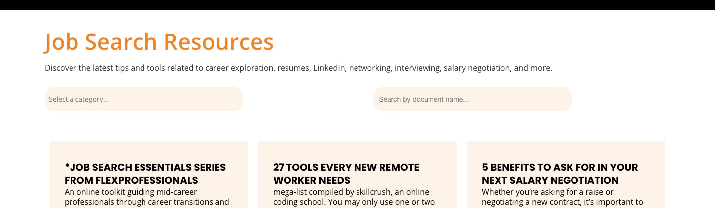 FlexProfessionals Job Search Resources library with category and document-name filters above resource cards