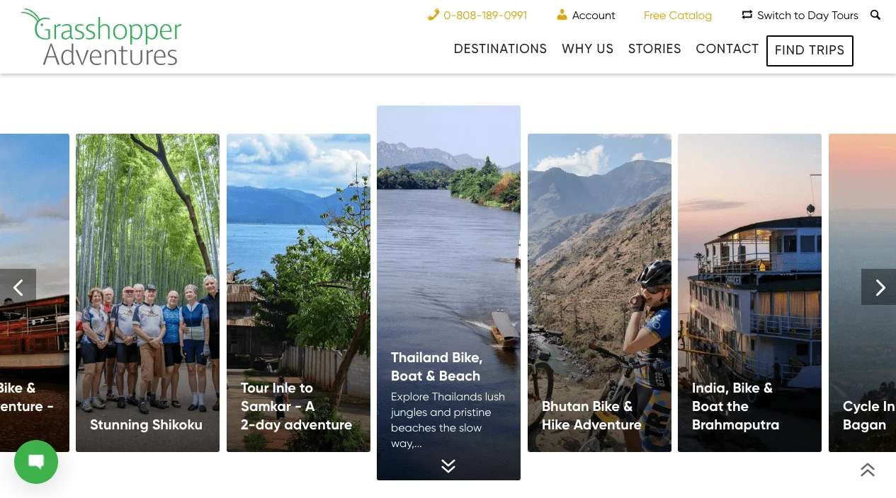 Redesigned Grasshopper Adventures trip gallery with large photographs and horizontally arranged tour cards