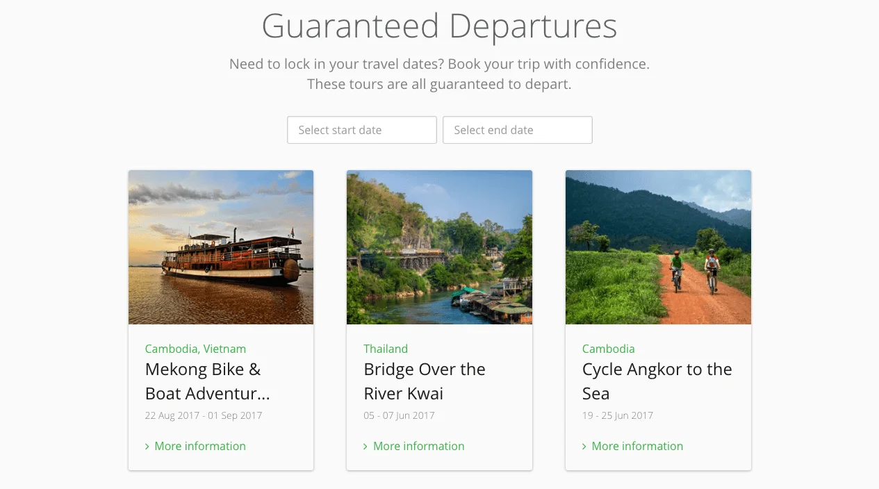 Previous Grasshopper Adventures Guaranteed Departures page with start and end date fields and three tour cards
