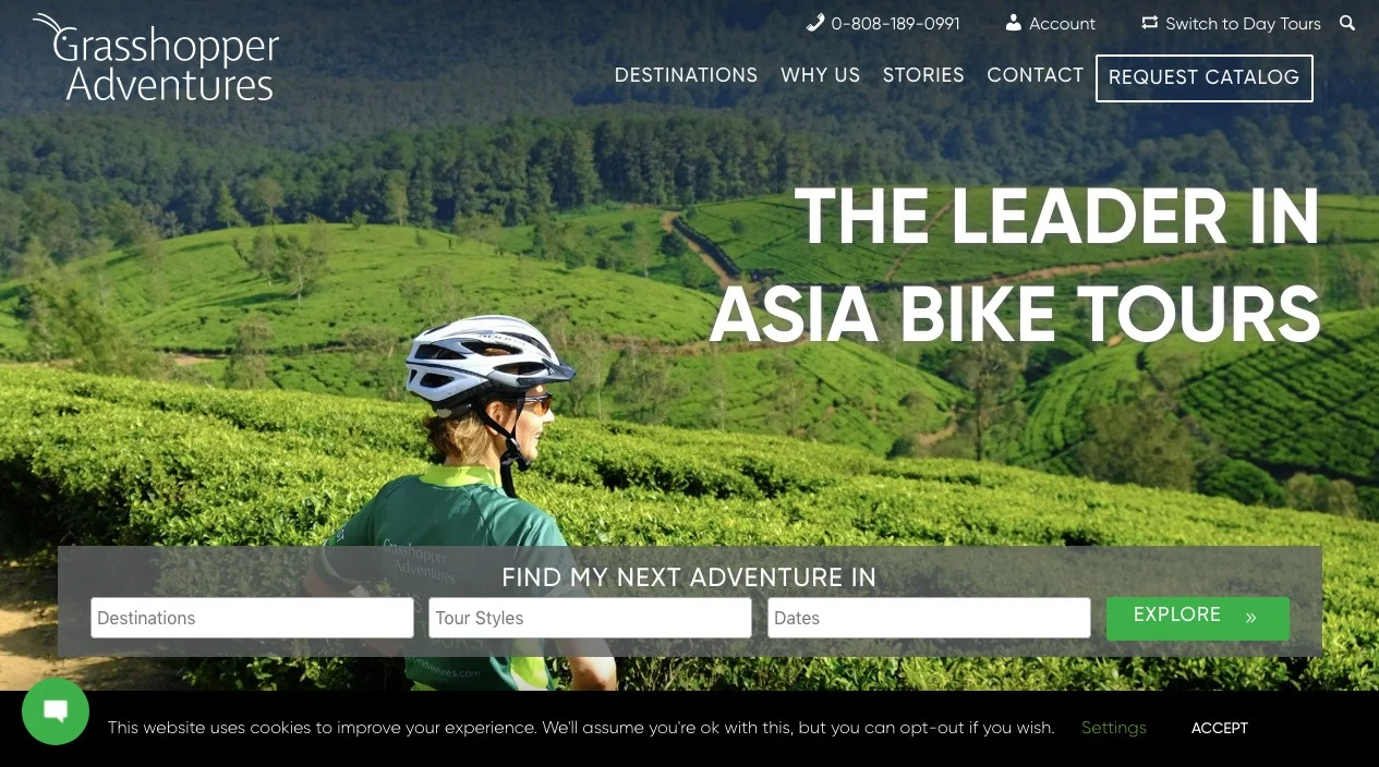 Grasshopper Adventures homepage after the Orpheus redesign, with an immersive cycling photograph and prominent trip discovery