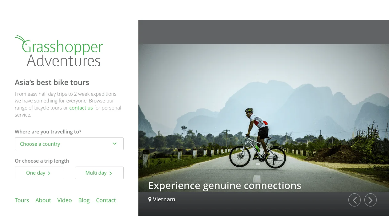 Grasshopper Adventures homepage before the Orpheus redesign, with a dense header and cycling hero image