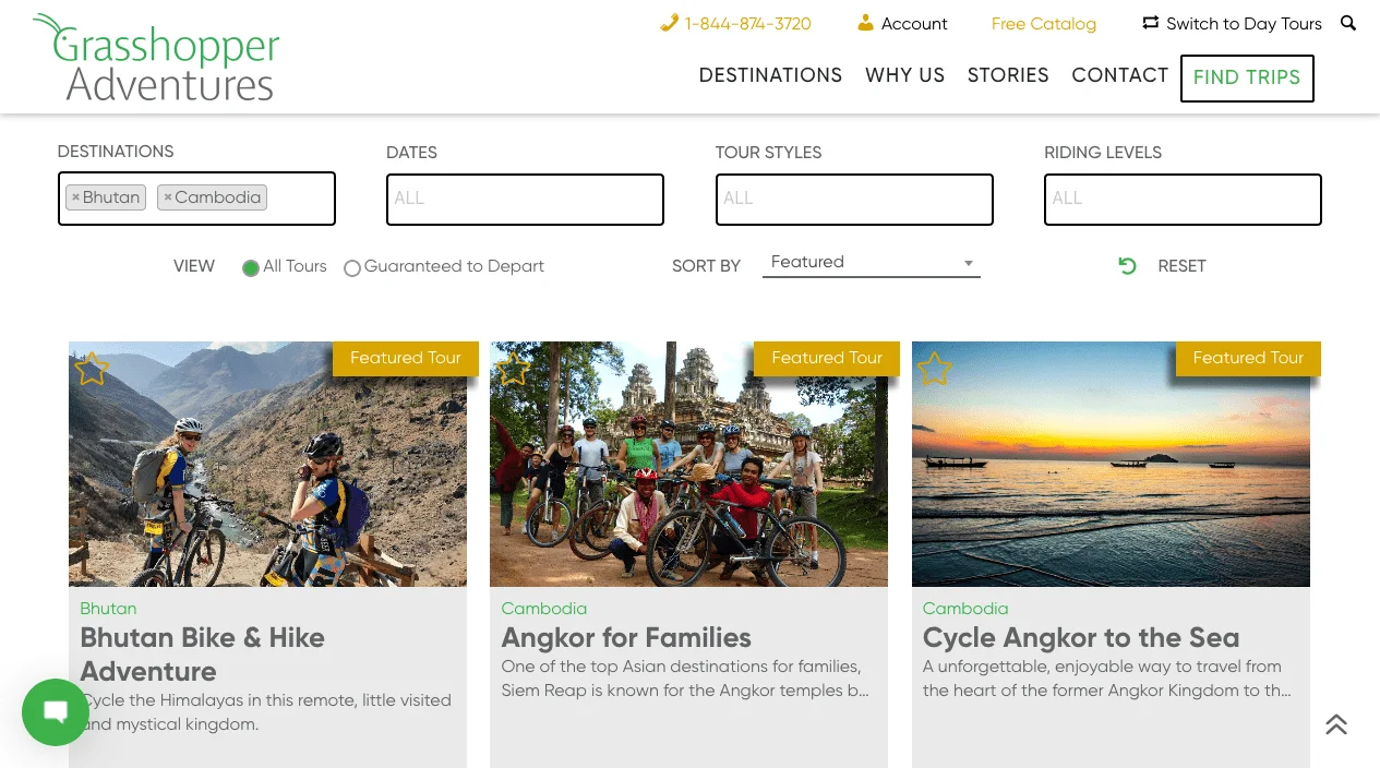 Redesigned Grasshopper Adventures Find Trips interface with visual tour cards and filters