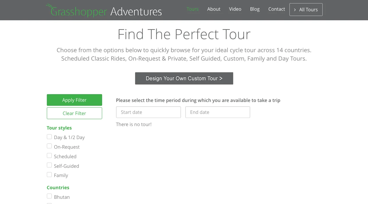 Grasshopper Adventures Find Tours interface before the redesign, with a compact multi-field search form