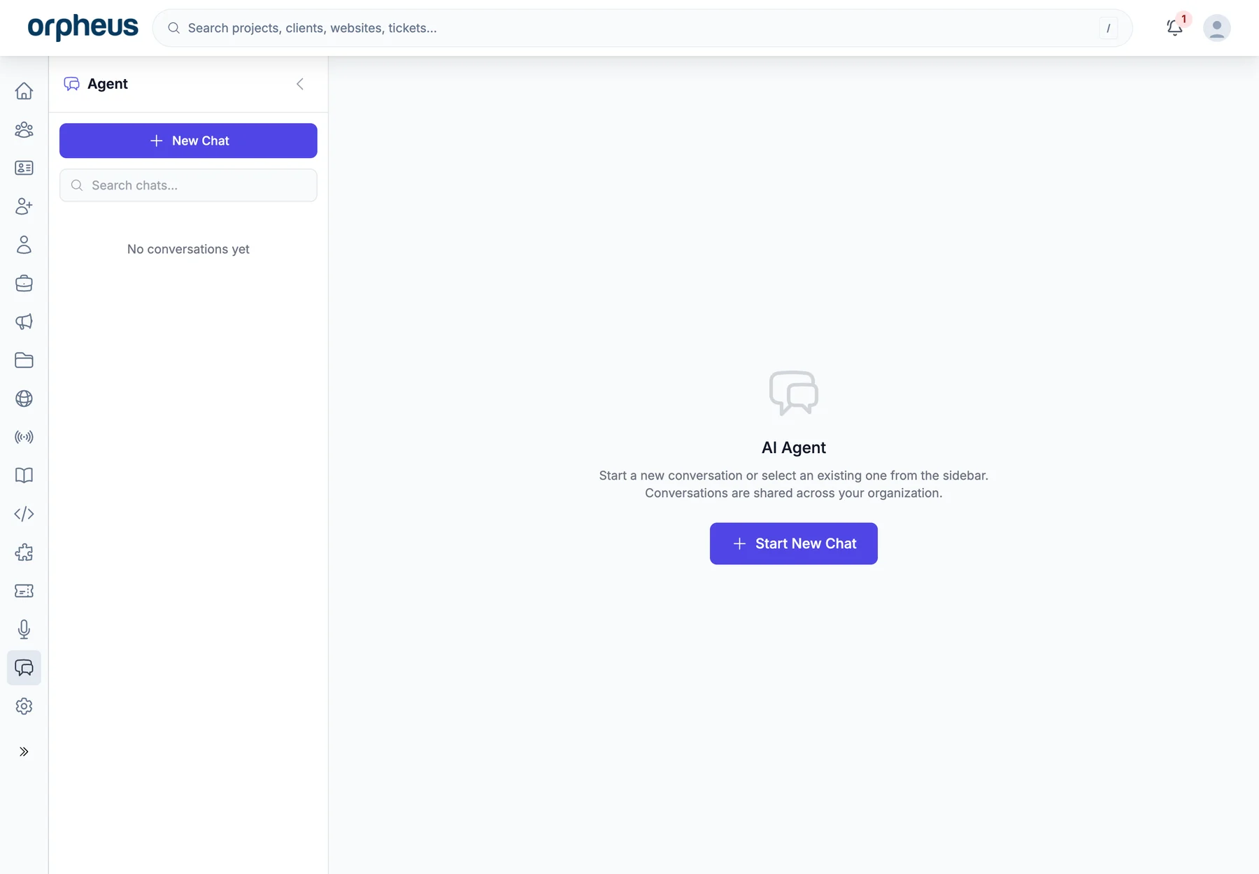 Orpheus Dashboard AI Agent empty state running locally with no conversation or client content