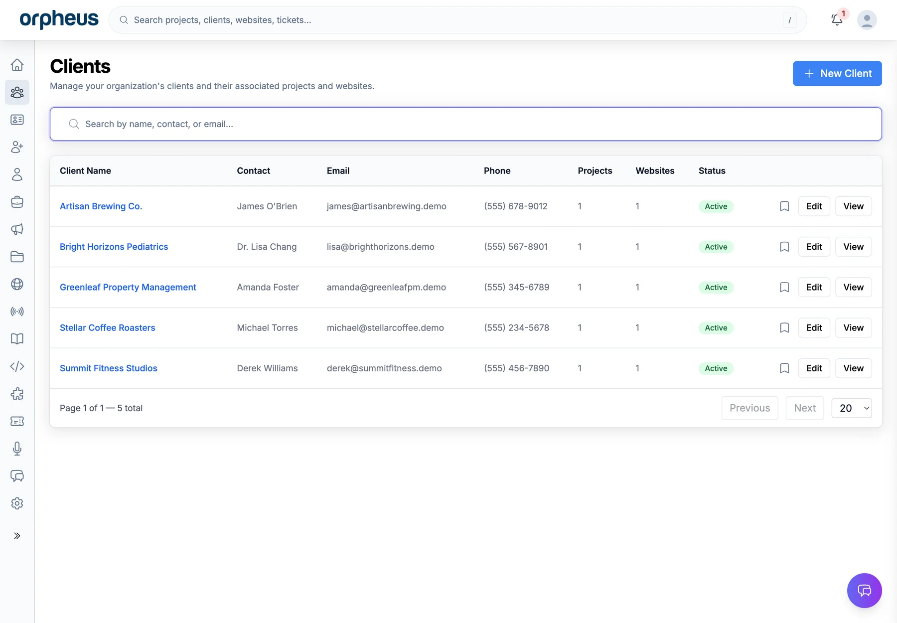 Orpheus Dashboard client list running locally with invented companies, synthetic .demo email addresses, and 555 phone numbers