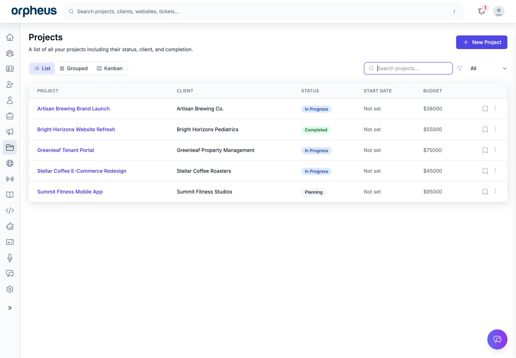 Orpheus Dashboard project list running locally with invented clients, projects, statuses, and budgets