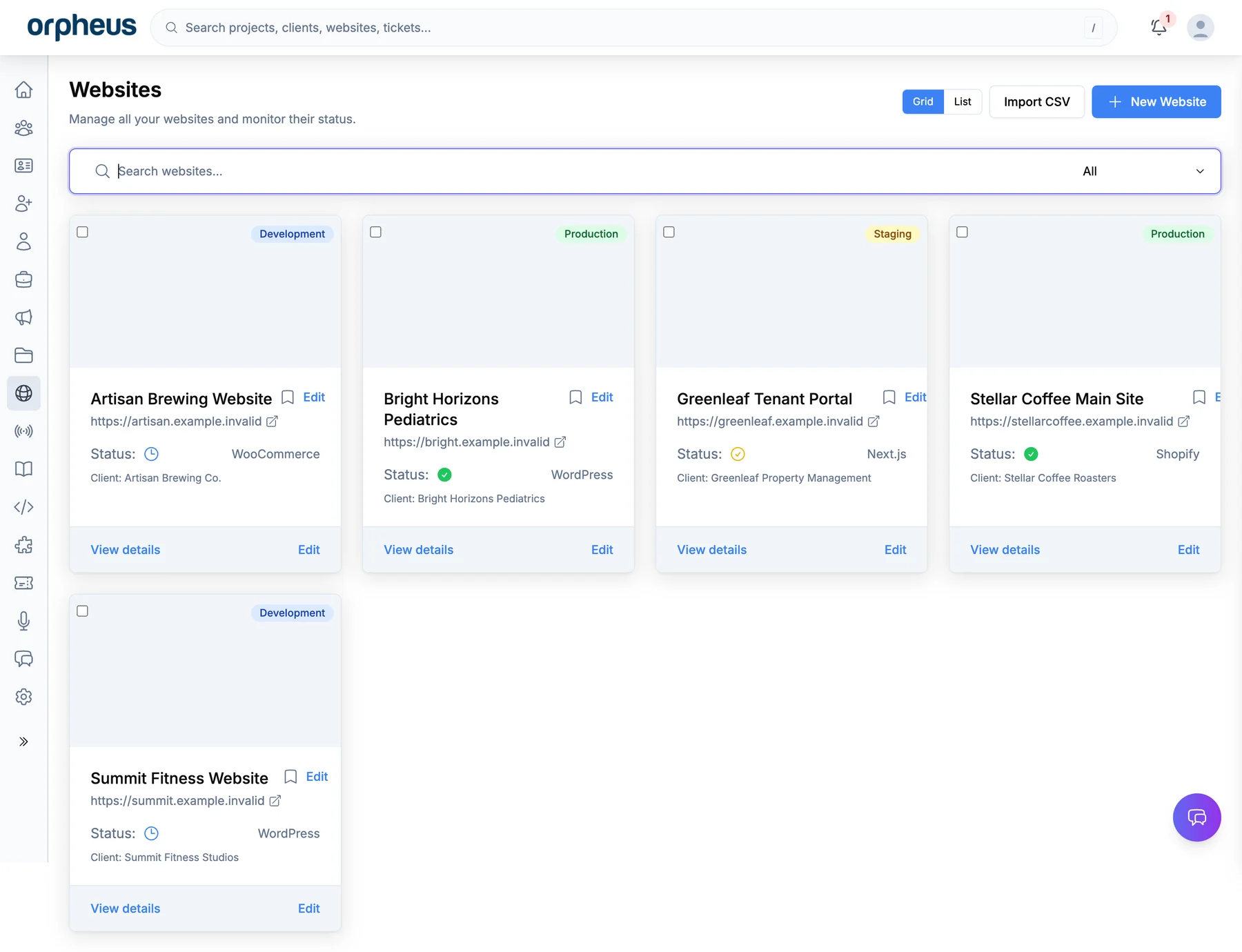 Orpheus Dashboard website inventory running locally with invented organizations and reserved example.invalid domains