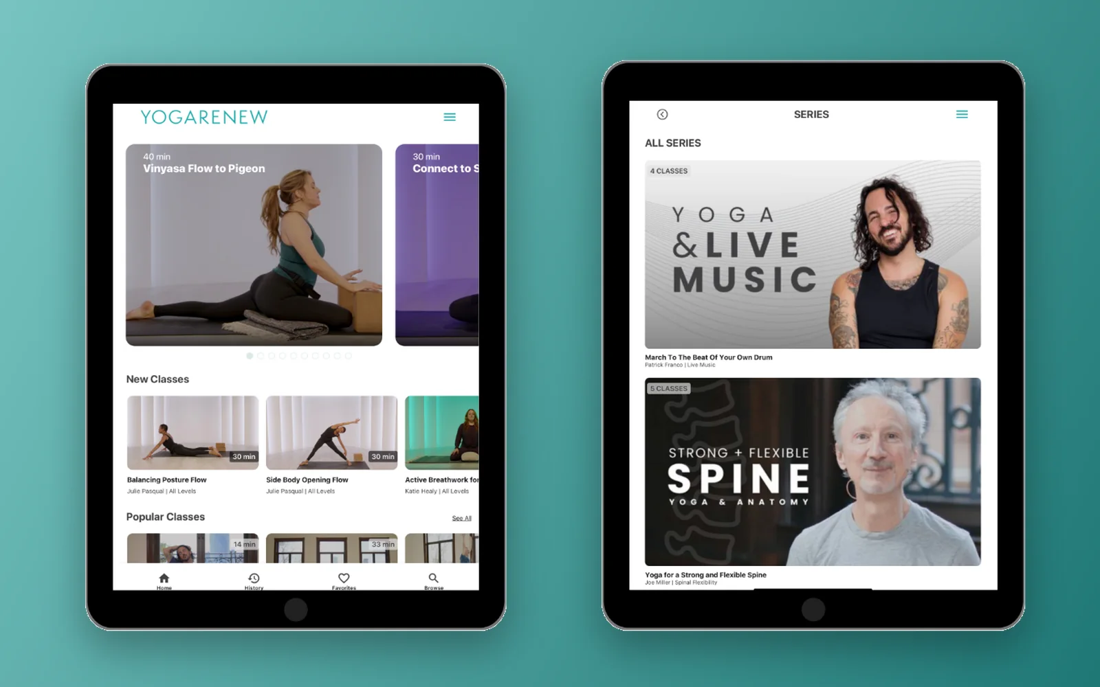 Two YogaRenew tablet screens: the home screen with featured and new classes, and the series library